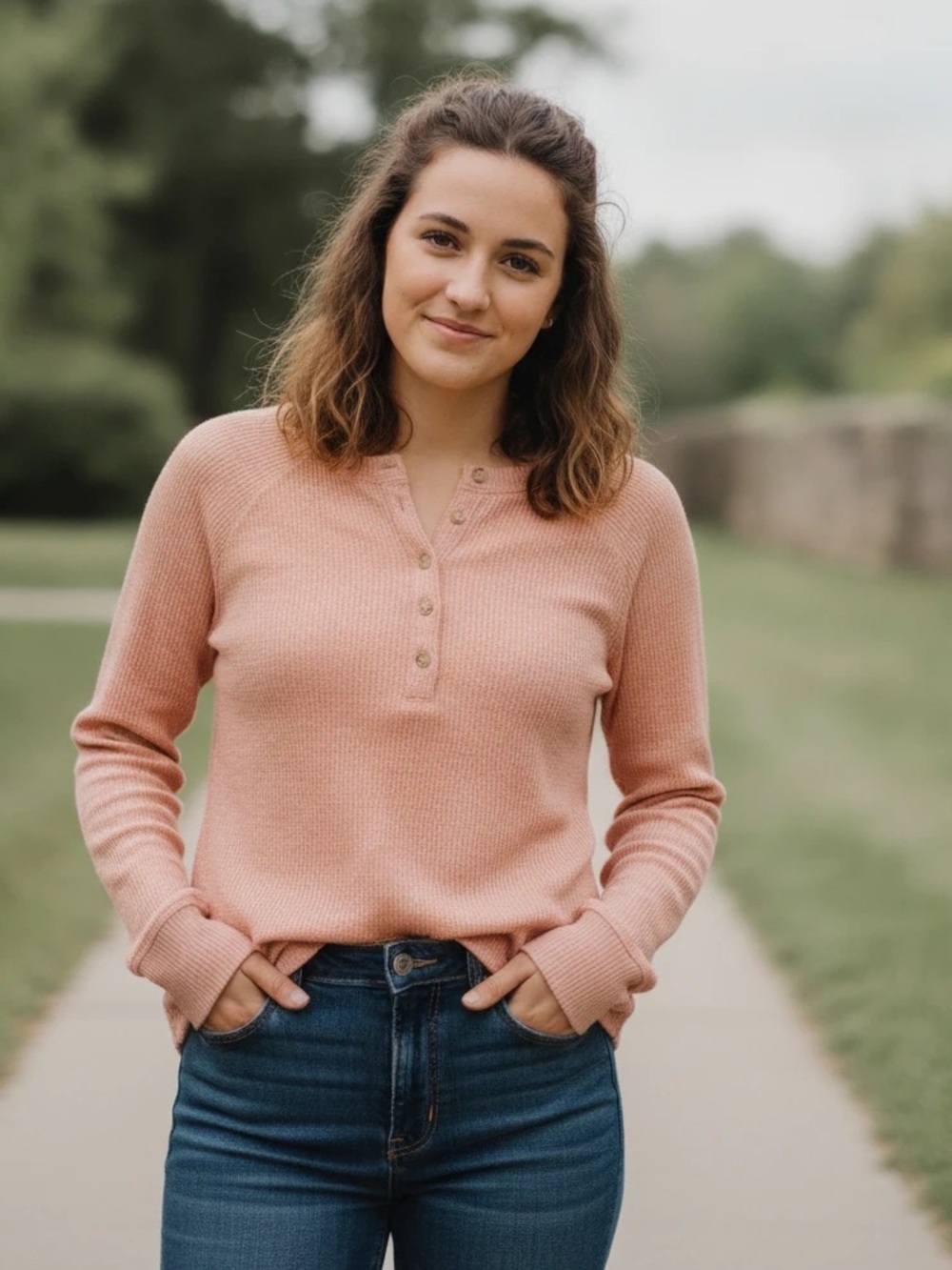 American Eagle Outfitters Women’s Henley Waffle Top in Pink. Size XS